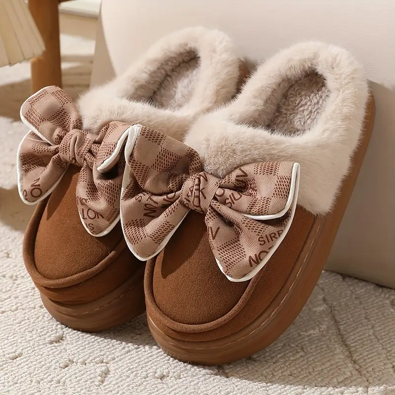 Women's Fluffy Plush Slippers, Cute Cartoon Pattern Winter Warm Bowknot Home Slippers