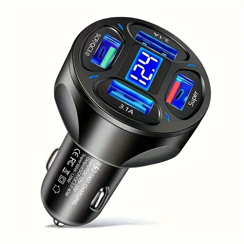 120W Car Charger Fast Charging 4 Usb Digital Display Car Fast Charger 4-in-1 PD Mobile Phone Charging Head 7AQC3.0 Car Phone Adapter Car Accessories