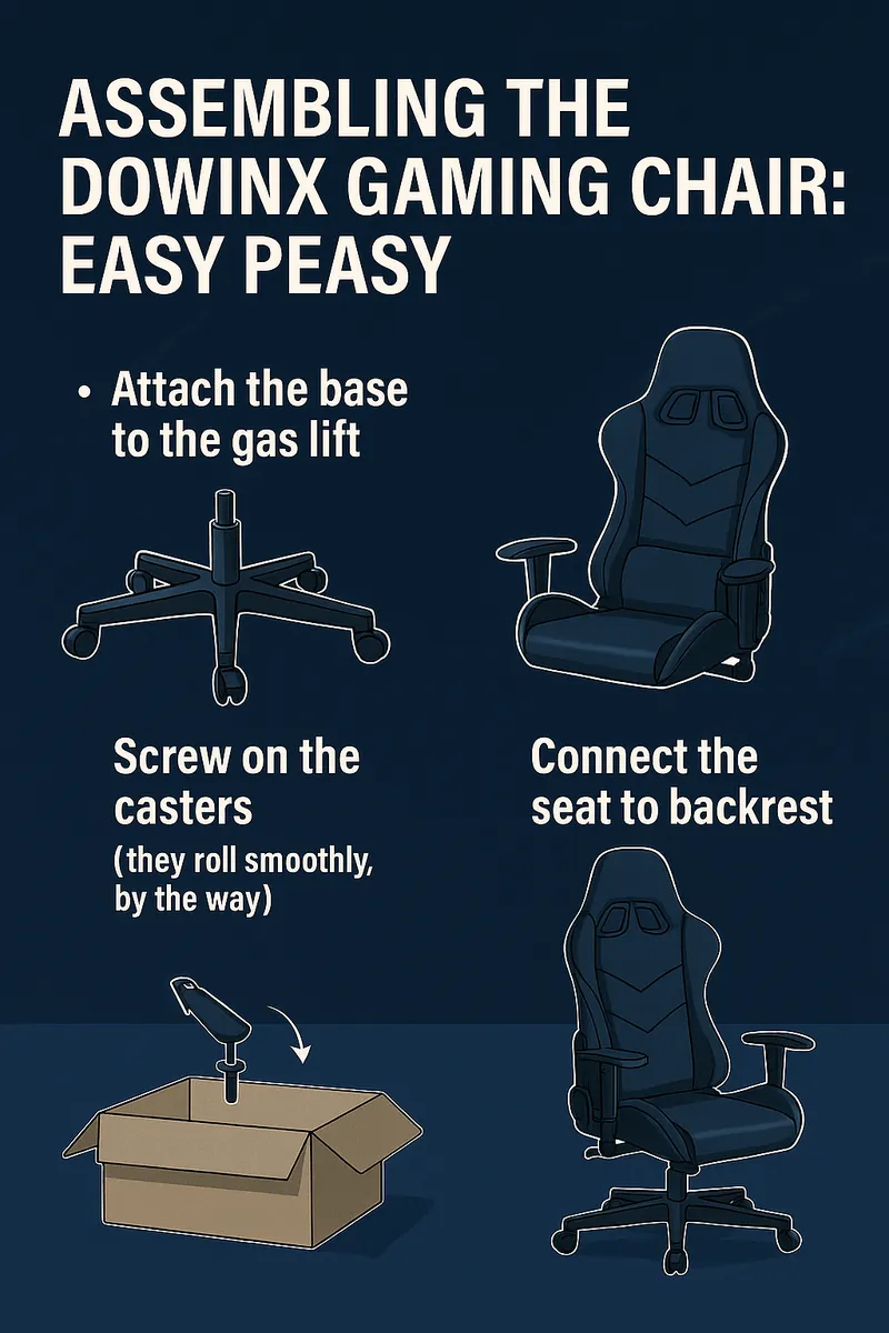 Step-by-step visual guide for assembling the Dowinx Gaming Chair, including attaching the base, screwing on casters, and connecting the seat to the backrest, shown with illustrations and clear labels on a dark blue background