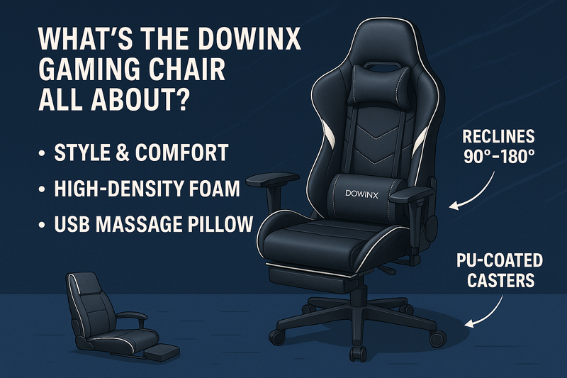 Overview graphic of the Dowinx Gaming Chair highlighting style, comfort, high-density foam, USB massage pillow, 90°–180° recline, and PU-coated casters on a dark blue background
