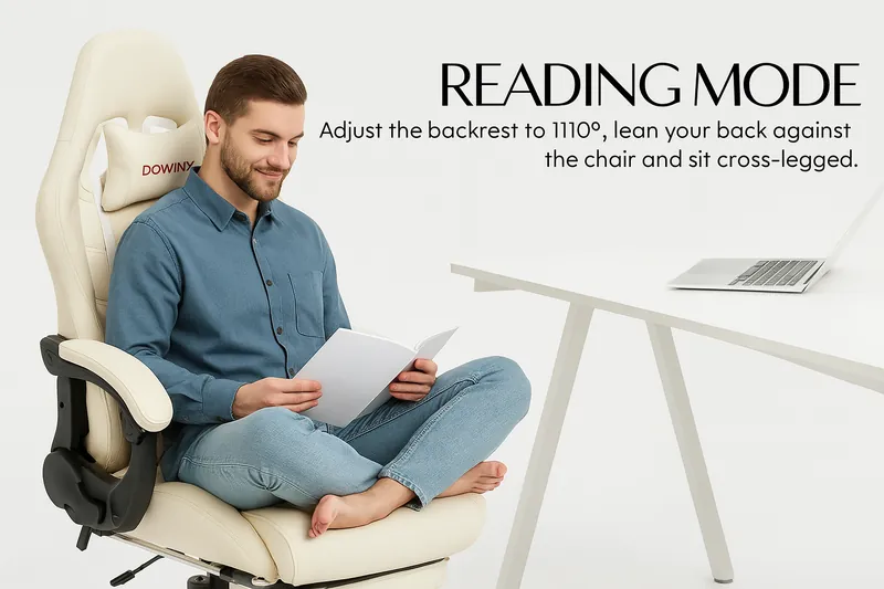 Young man sitting cross-legged in a cream Dowinx gaming chair with 110° recline, reading comfortably in ergonomic posture at a modern white desk with laptop—ideal for home office or long sessions in 2025.