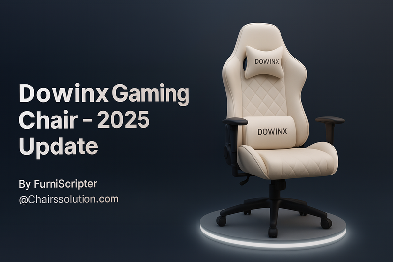Cream-colored Dowinx Gaming Chair 2025 edition with ergonomic design, adjustable armrests, and lumbar support, displayed on a dark gradient background — promotional graphic by Chairssolution.com