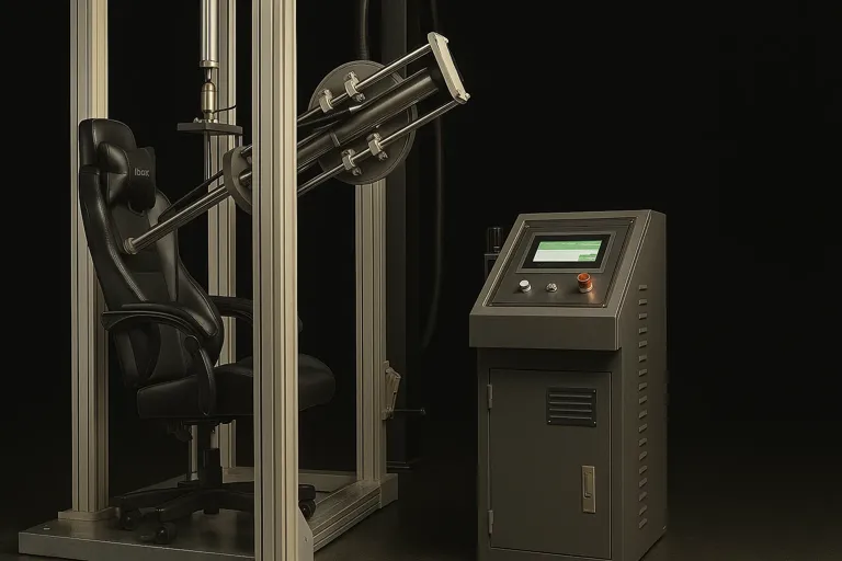 Dowinx gaming chair undergoing durability and stress testing with automated pressure machine, showcasing build quality and performance verification for 2025 ergonomic standards.