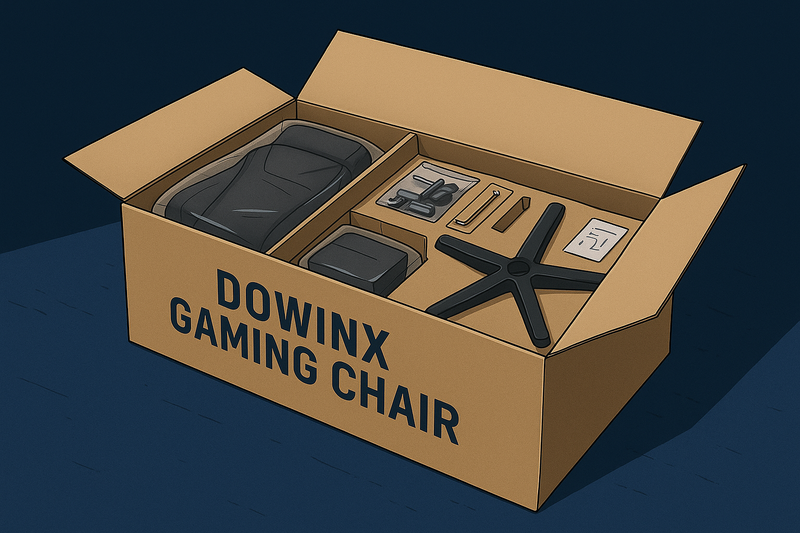 Unboxing scene of a Dowinx Gaming Chair showing neatly arranged parts, including the seat, backrest, base, tools, and manual, inside a labeled cardboard box.