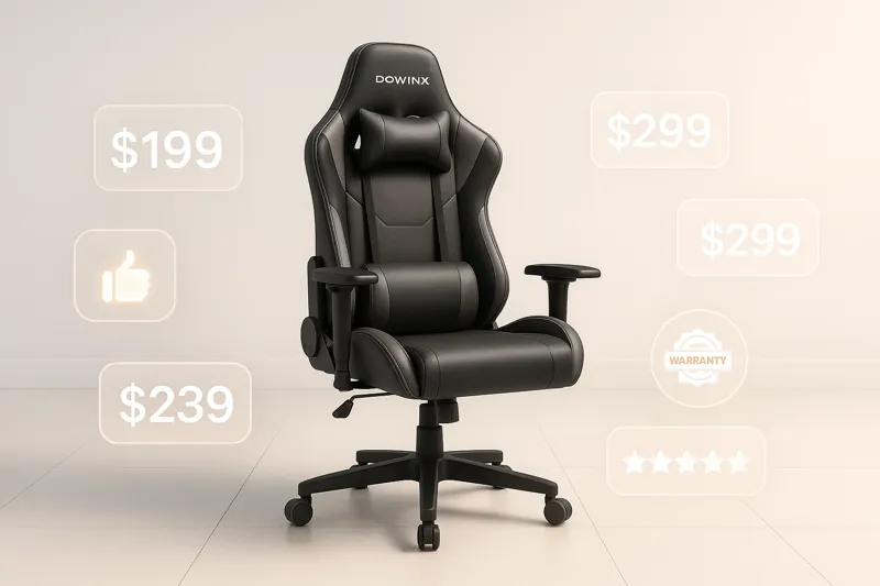 Dowinx Gaming Chair in a bright room with multiple floating price tags, warranty badge, and user ratings — showcasing 2025 pricing and value for money