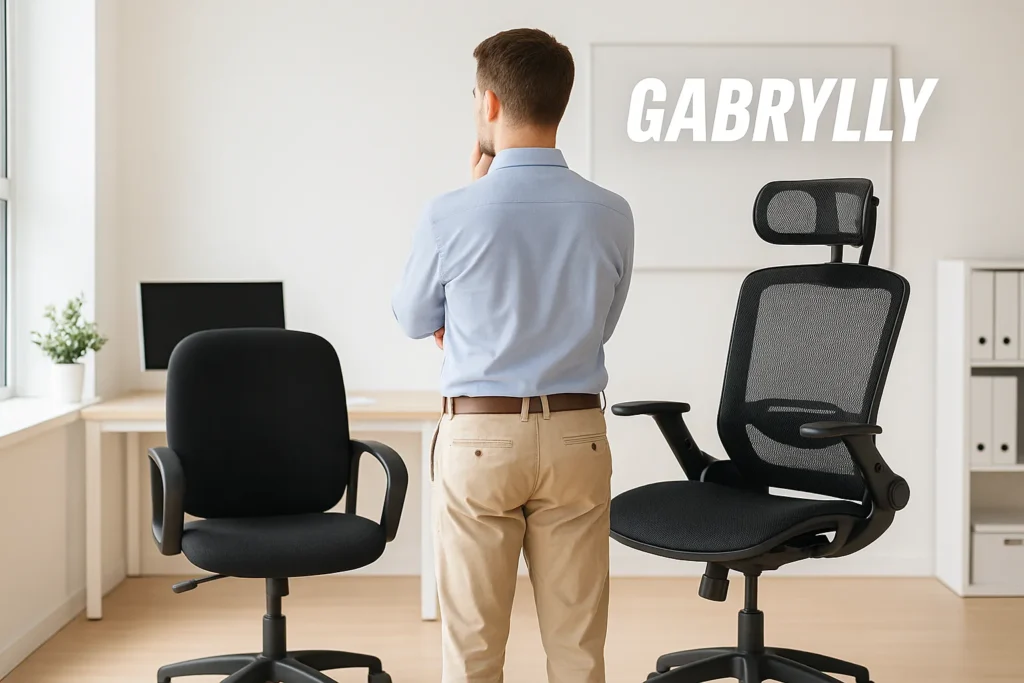 A man in a modern home office comparing two office chairs, with the GABRYLLY ergonomic chair highlighted for its sleek mesh design and posture-friendly build.