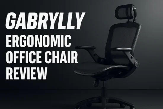 Gabrylly Ergonomic Office Chair in black with adjustable headrest and armrests, showcased in a modern dark studio setting with bold white text reading ‘Gabrylly Ergonomic Office Chair Review’ – perfect thumbnail