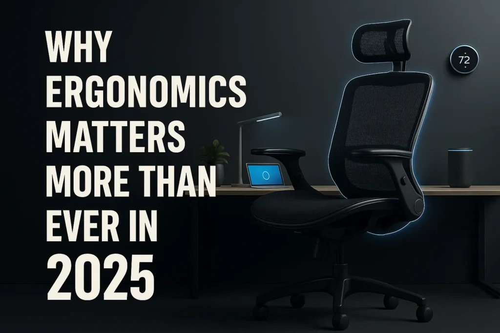 Futuristic 2025 home office setup featuring a GABRYLLY ergonomic chair, minimalist desk, smart lighting, and wellness-focused design elements.